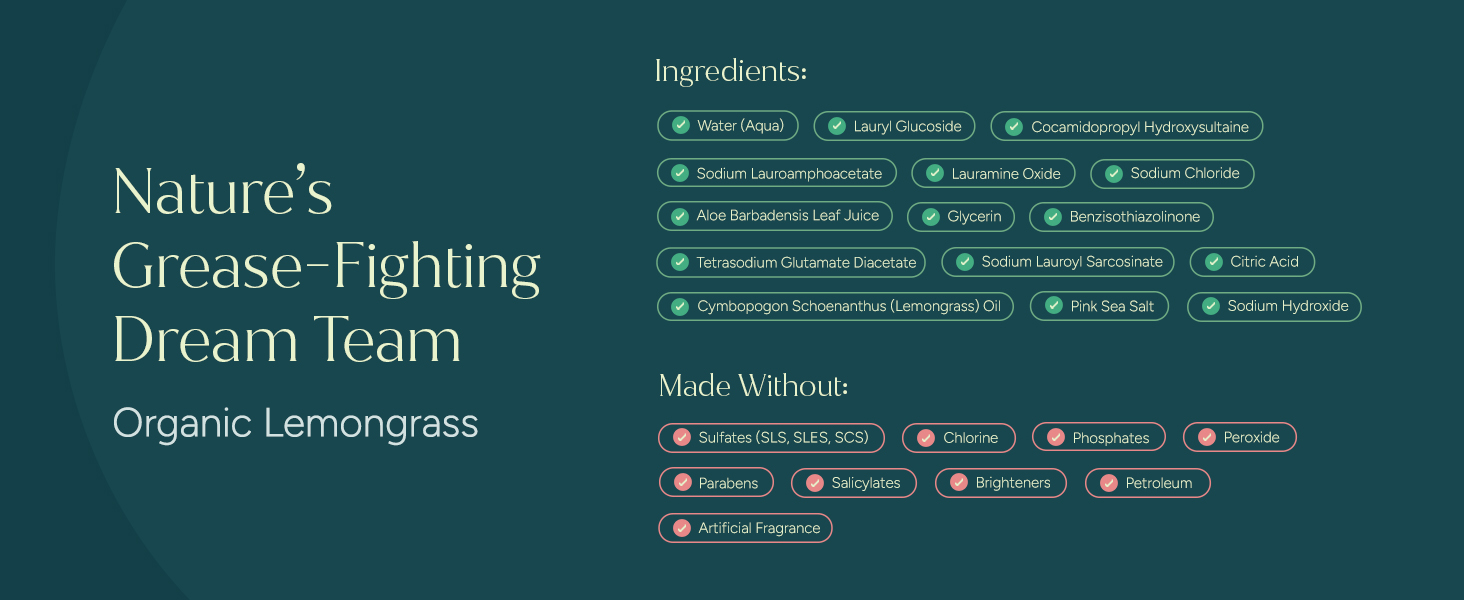 Organic lemongrass dish soap ingredients. No sulfates, parabens, or synthetic fragrance.