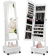 CHARMAID Jewelry Cabinet with Full Length Mirror, Lockable Standing Jewelry Armoire with Wheels, ...