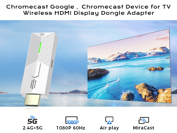 Text reads: 'Chromecast Google - Chromecast Device for TV Wireless HDMI Display Dongle Adapter'. Shows white streaming device and coastal landscape on TV screen with feature icons below.