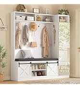 Hall Tree with Bench and Shoe Storage, Entryway Coat Rack with Tall Mirror, Farm House Barn Door ...