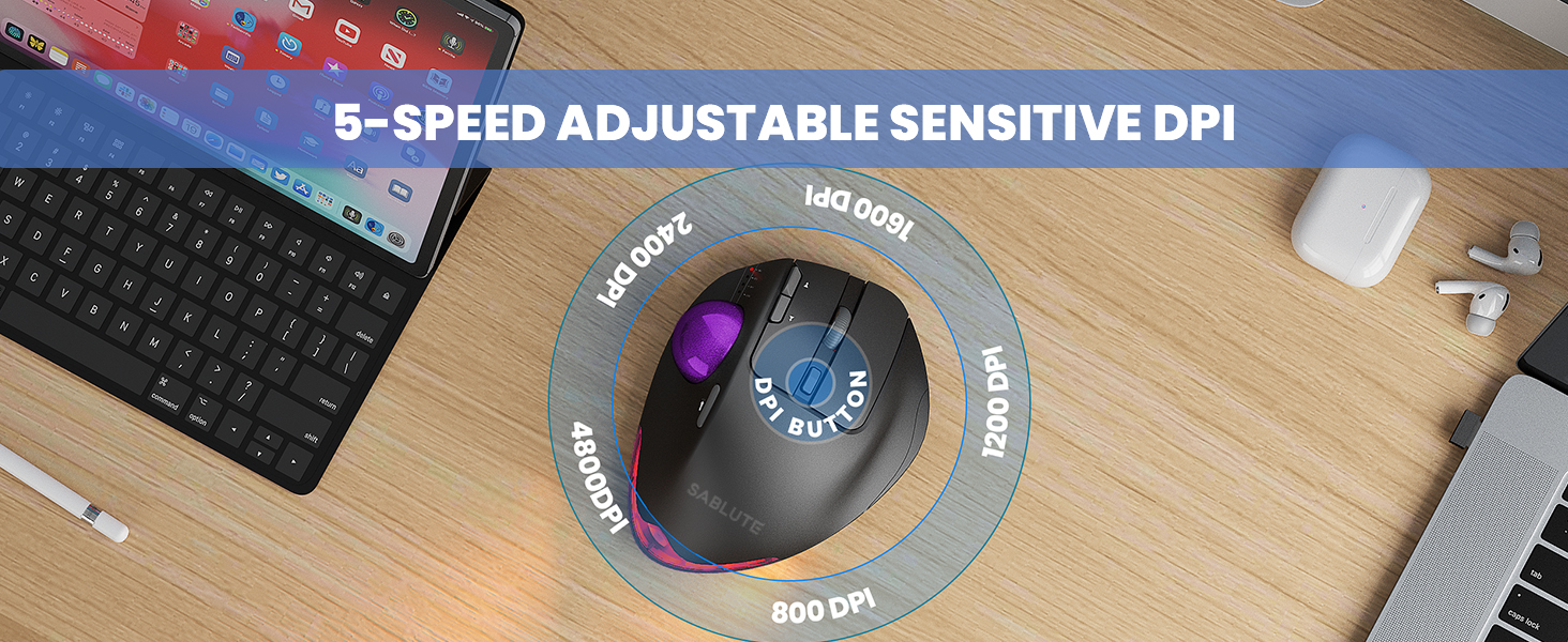 Wireless Trackball Mouse, Ergonomic Bluetooth Rechargeable Computer Mouse-Purple Ball