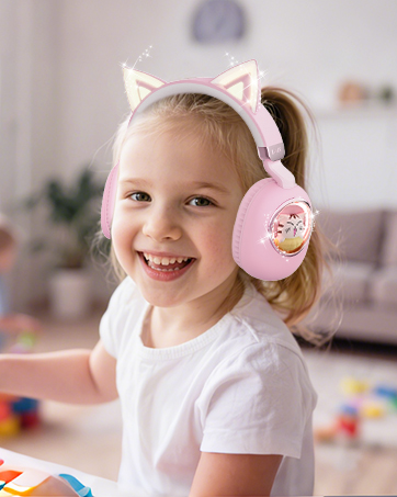 Pink cat-ear themed headphones with cute character design, shown being worn as an audio accessory. White base color with pink accents and decorative elements.