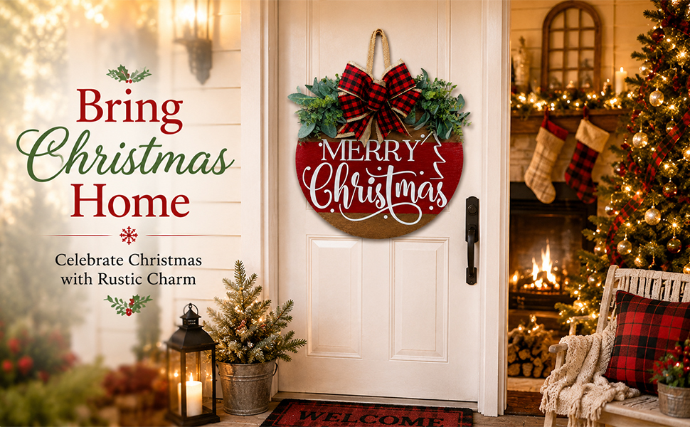 Merry Christmas Door Hanger Sign for Front, Wooden Sign with Bow for Winter Farmhouse Garden 