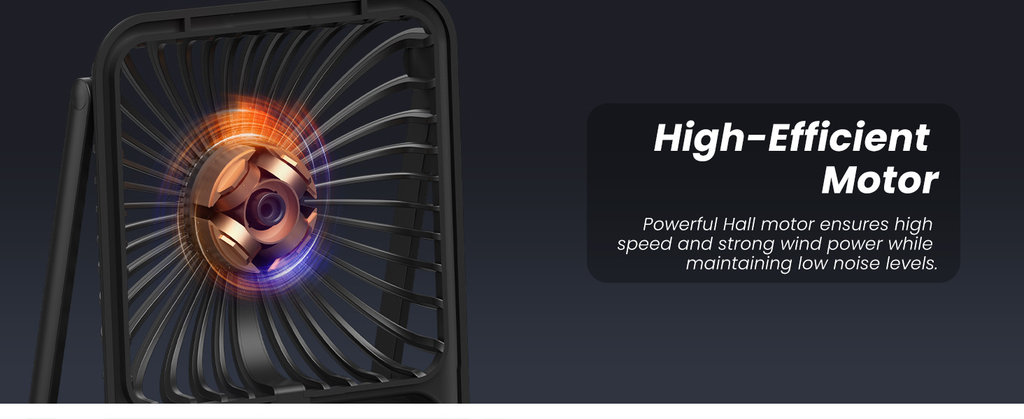 Close-up of a high-efficient motor with glowing orange center. Text highlights powerful hub motor for increased speed and strong wind power.