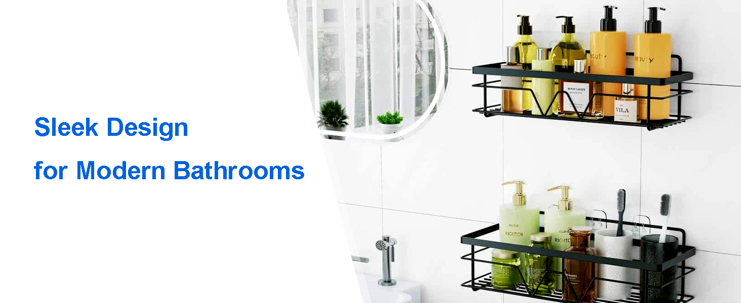 Black wire-frame adhesive shelves on white bathroom wall — sleek modern design