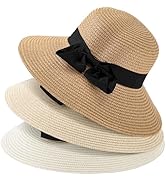 MEINICY 3PCS Sun Hat Beach Straw Hat for Women Wide Brim Foldable Roll up Summer UPF 50+ Hat (Ivo...