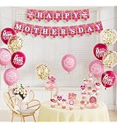 Mothers Day Decorations Set, Pink Happy Mothers Day Banner with Mom Printed Balloons, Cupcake Top...
