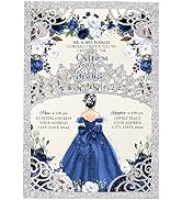 DreamBuilt 50Pcs Navy Blue Crown Invitations for Quinceanera, 15 year, Sweet 16, Miss XV, Birthda...