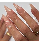 VOTACOS Press on Nails Long Stiletto Nude Fake Nails False Nail with Pure Transparent Glossy Stic...