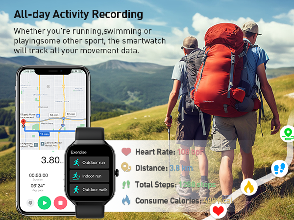 Smartwatch fitness tracking interface showing map, heart rate, distance, and step data, alongside a smartphone app display. Background shows hikers with red backpack.