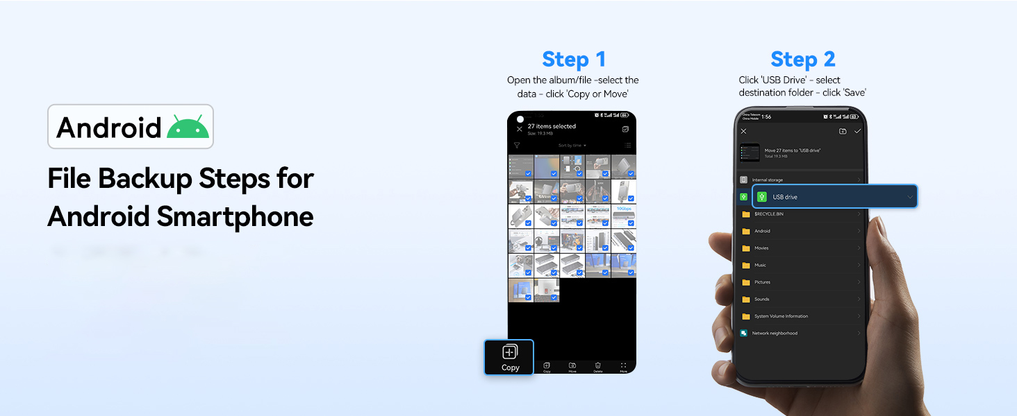 Text reads 'File Backup Steps for Android Smartphone', 'Step 1', 'Step 2'. Shows smartphone interface screenshots with Android and App Store logos.
