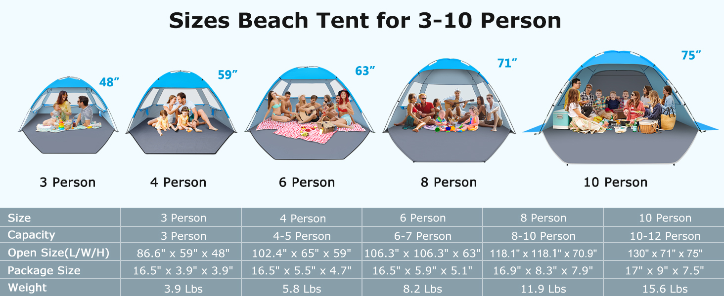 beach tent shade for 3 4 6 8 10 person