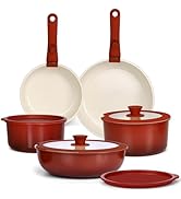 11PCS Ceramic Pots and Pans Set Non Stick, Nonstick Cookware Set Detachable Handle, Red Blac...