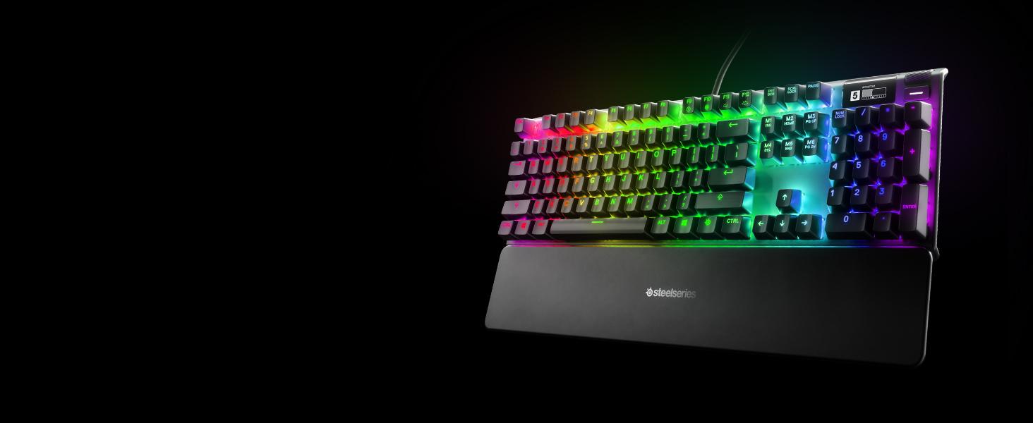 -SteelSeries Apex fullsize RGB keyboard floating in space
