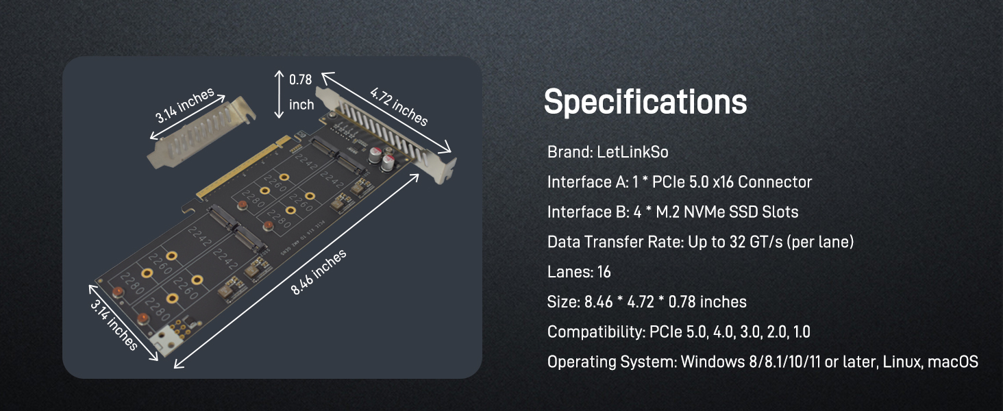 LetLinkSo Gen5 PCIe 5.0 x16 M.2 Expansion Adapter Card 4 Ports NVMe SSDs M Key