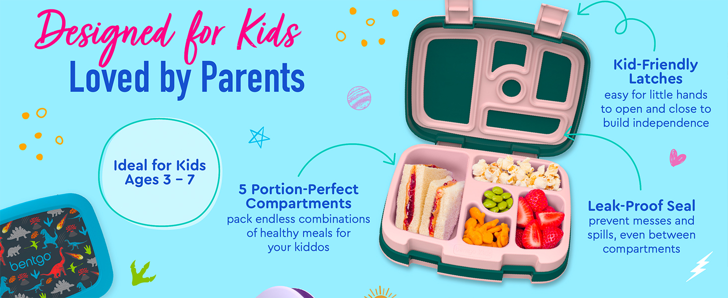 designed for kids ages 3 - 7 loved by parents easy open latches leak proof 5 compartments healthy