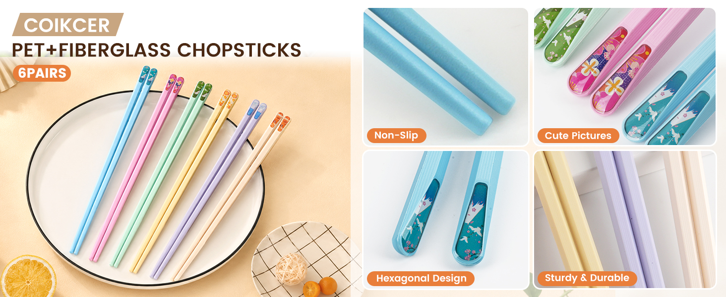 Coikcer 6 pairs PET fiberglass chopsticks, hexagonal non-slip reusable adult tableware