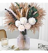 NortureFlora 120Pcs Artificial Roses &amp; Natural Pampas Grass, 17" Boho Mixed Dried Flower Bouquet ...