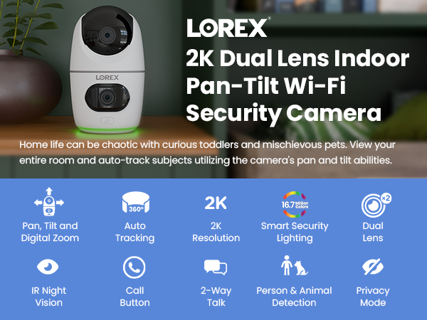 Lorex 2K Dual Lens Indoor Pan-Tilt Wi-Fi Security Camera