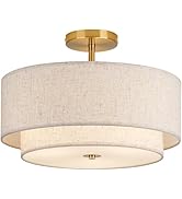 CALOKES 16" Double Drum Gold 3-Light Semi Flush Mount Ceiling Light, Classic Fabric Linen Shade D...