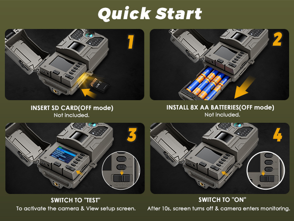 Text reads 'Quick Start'. Step-by-step battery installation guide showing numbered instructions 1-4 for inserting AA batteries into an electronic device.