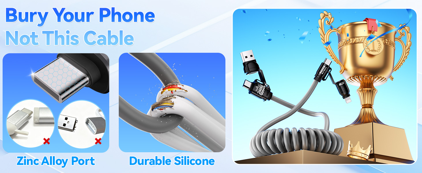 Text reads 'Bury Your Phone' and 'Not This Cable'. Product demonstration showing charging cable features including durability and zinc alloy components.