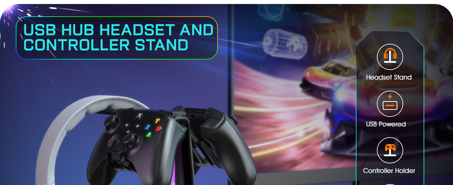 RGB Gaming Headphones Stand with 12 Light Modes, Controller Holder with 2 USB Charging Ports