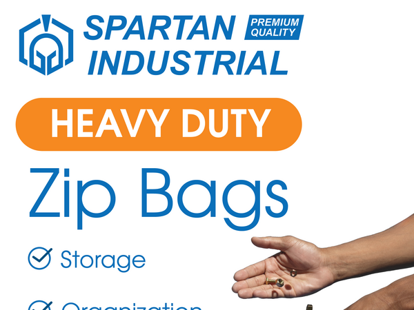 A pair of hands drop nuts and bolts in a Spartan Industrial heavy-duty zip bag on a white background