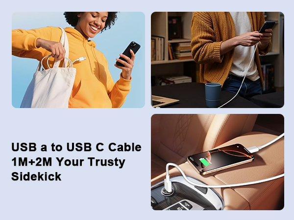 Text reads 'USB a to USB C Cable 1M+2M Your Trusty Sidekick'. Three-panel image showing charging cable usage: person with shopping bag checking phone, cable connected to laptop, and phone charging setup.