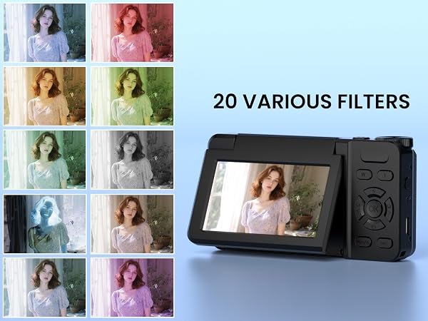 Text reads '20 VARIOUS FILTERS'. Grid of twelve photo filter swatches showing different color treatments (blue, red, yellow, green tones), displayed above portable digital camera with LCD screen.