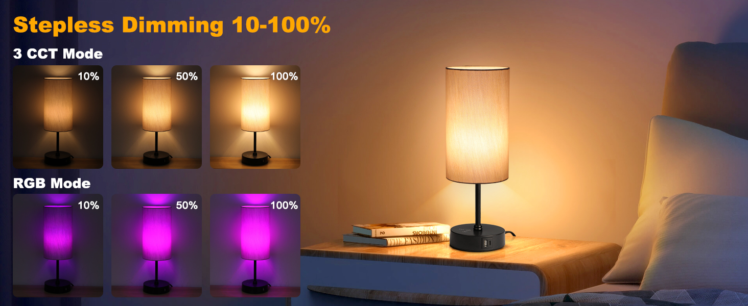 Whether it is 3cct or RGB mode, this bedsides lamp can be stepless dimmed.