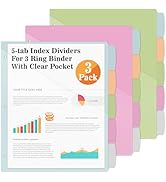 V-Opitos 5-tab Index Dividers with 3 Holes Punched, Set of 3 Plastic Dividers with Clear Front Po...