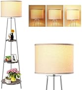 Floor Lamp, Standing Lamp with White Fabric Shade, 3-Tier Round Corner Shelf Floor Lamp with 3 Di...