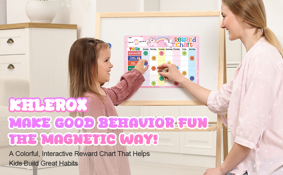 Text reads 'HELP YOU MAKE GOOD BEHAVIOR FUN - A POSITIVE DAY!' Pink and blue behavior chart display with colorful elements.