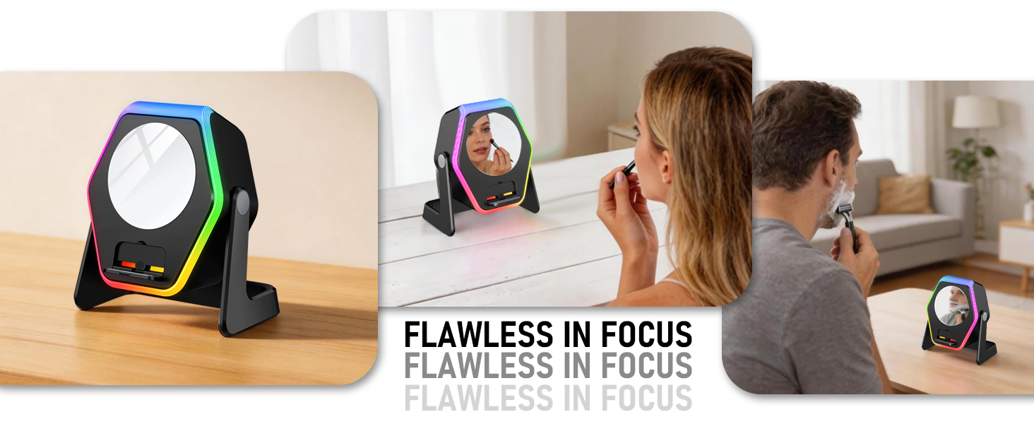 Text reads 'FLAWLESS IN FOCUS'. Multiple product demonstration images showing a stabilizing device being used in different settings on desks and surfaces.