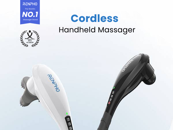 RENPHO cordless handheld massager in white and black for neck and shoulder comfort