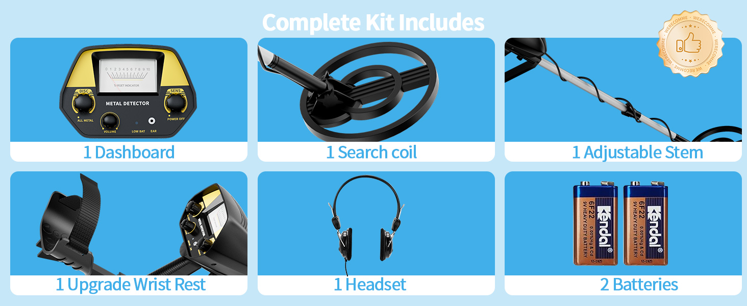 includes 1 Dashboard 1 Search coil 1 Upgrade Wrist Rest 1 Headset 1 Adjustable Stem 2 Batteries