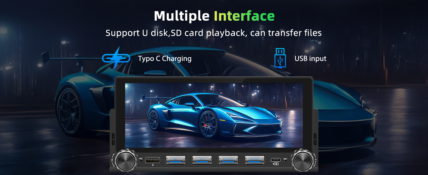 Text reads 'Multiple interface' and 'Support U disk/SD card playback, can transfer files' with 'Type-C charging' and 'Soft touch'. Image shows automotive dashboard infotainment system with blue-illuminated car display.