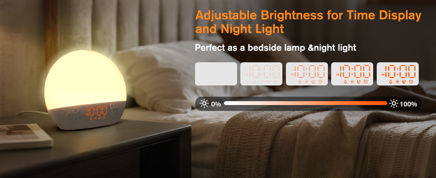 Text reads 'Adjustable Brightness for Time Display.' Illuminated spherical lamp showing brightness adjustment levels in sequence.