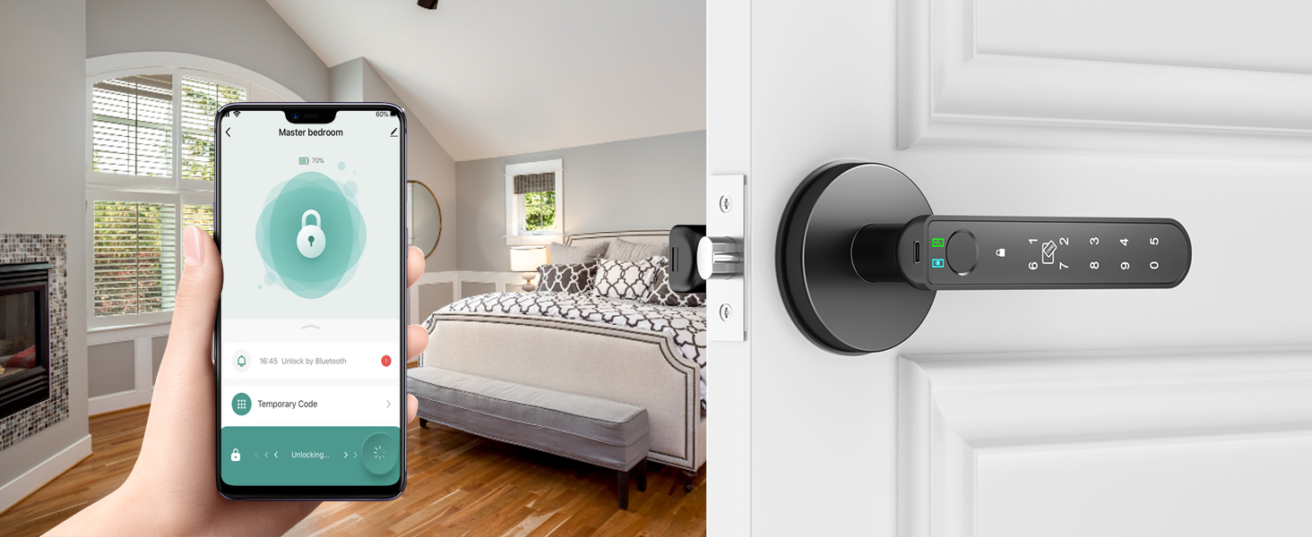 bedroom door knobs with lock fingerprint App Access round Black