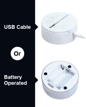 Two images of a white circular device. Top image shows USB cable connection, bottom image reveals battery compartment. Text indicates USB or battery operation options.