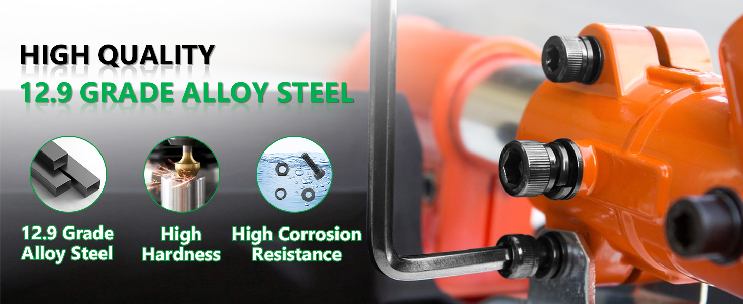 Product specifications highlighting 12.9 grade alloy steel material features, including high hardness and high corrosion resistance with illustrative icons.