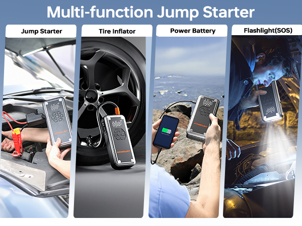 Multi-function jump starter device shown in four use scenarios: jump starting a car, inflating a tire, charging a phone, and as an emergency flashlight.