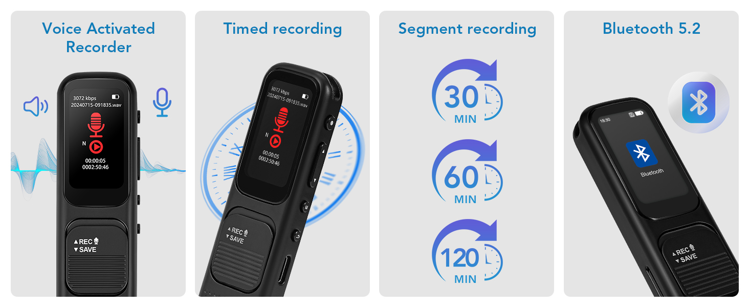 Can realize voice-controlled recording/timed recording/segmented recording/Bluetooth call recording