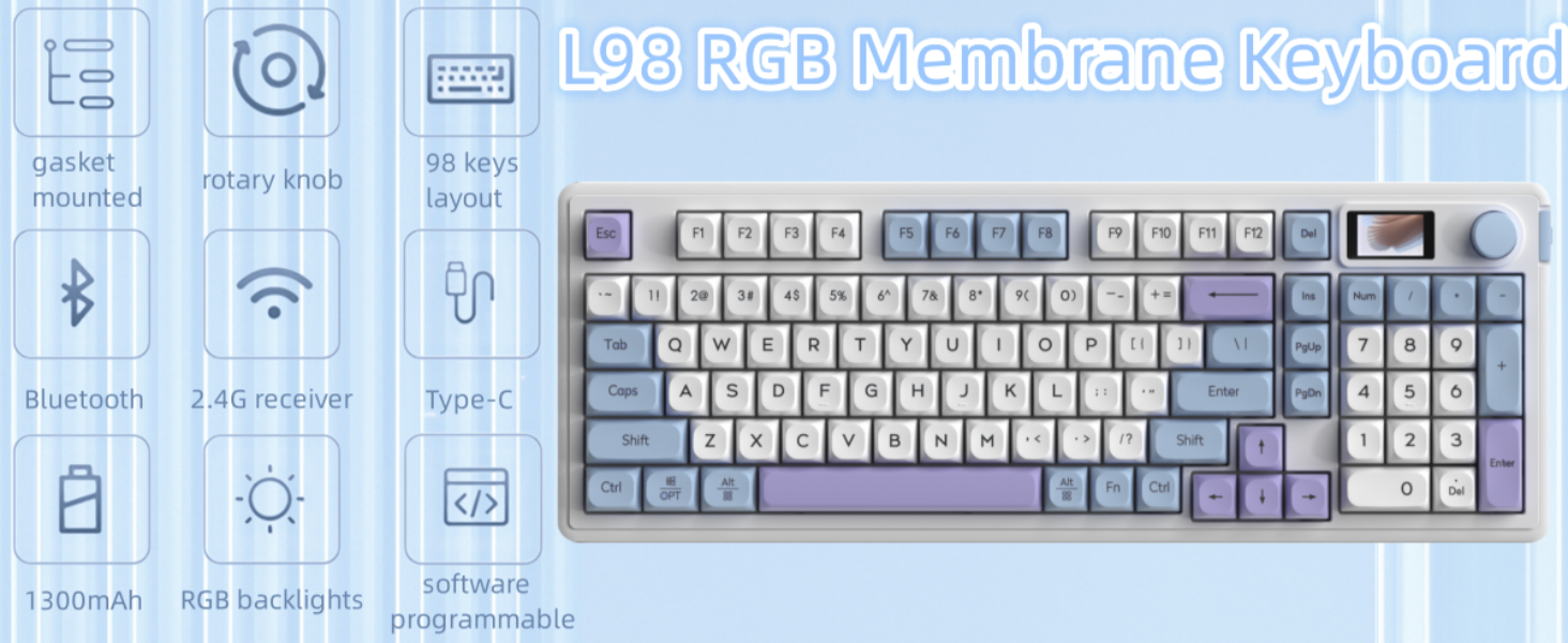 L98 membrane keyboard cute keyboard 98 keys gasket mounted RGB programmable gaming keyboard