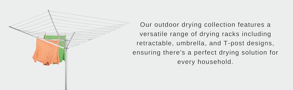 Outdoor drying racks feature retractable, umbrella, and t-post designs; a solution for every home