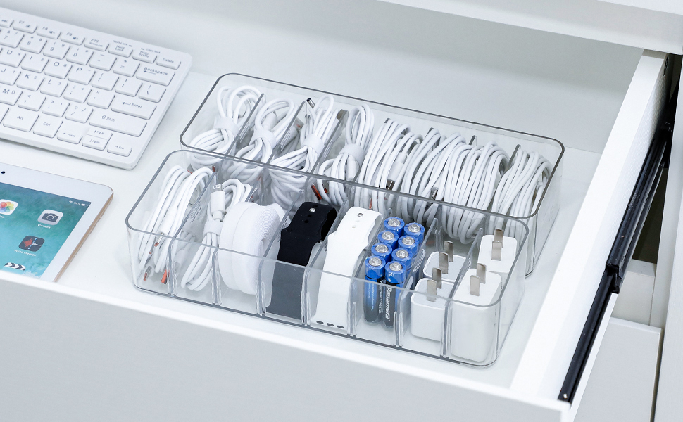 clear cable management box with 8 adjustable compartments