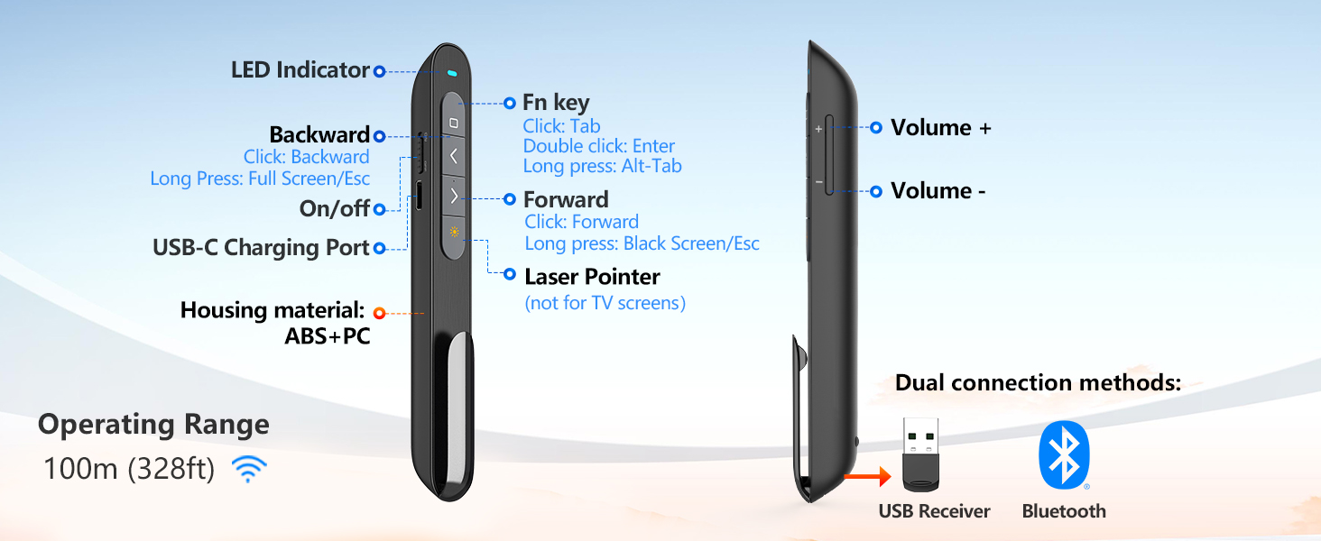 Technical diagram showing device specifications including LED indicators, Bluetooth connectivity, operating range 100m (328ft), USB-C charging port, and laser pointer features.
