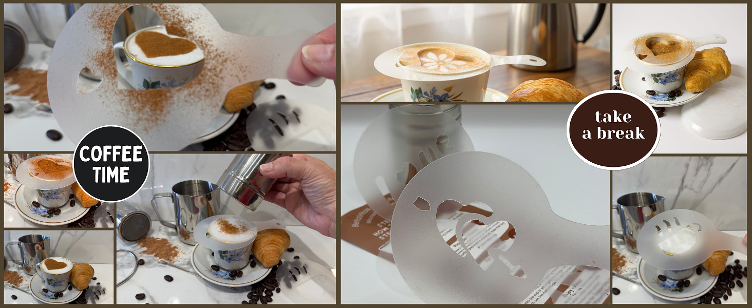 BellaVitas milk frother kit with latte art stencils, cappuccino, croissant, and coffee beans
