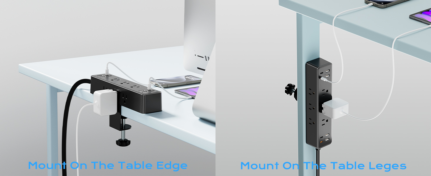 17-in-1 Desk Clamp Power Strip with 40W Fast Charging Station, 10ft Flat Plug Surge Protector